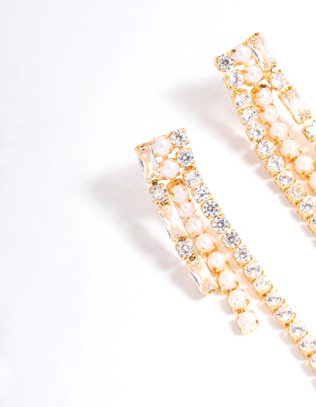 Gold Plated Cubic Zirconia Round & Baguette Pearl Drop Earrings - Image 2