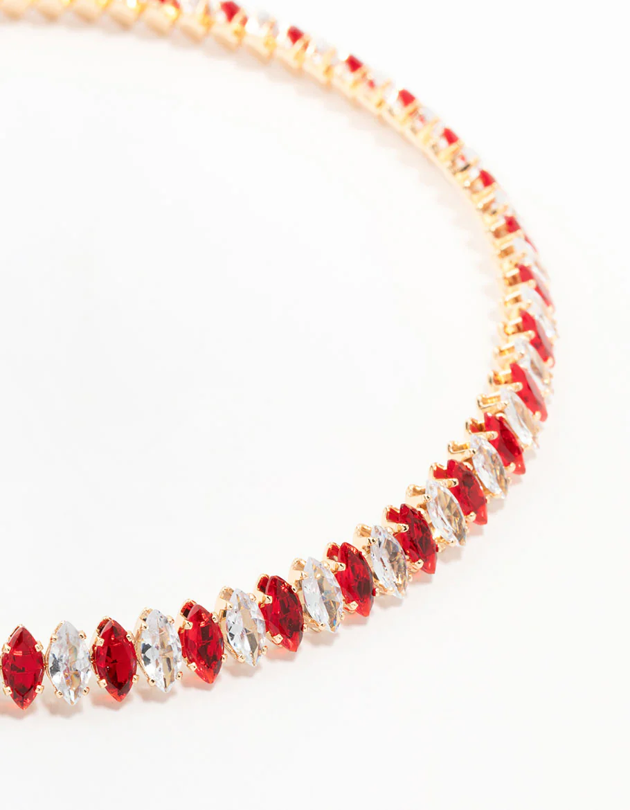 Cubic Zirconia Navette Station Choker Gold Necklace