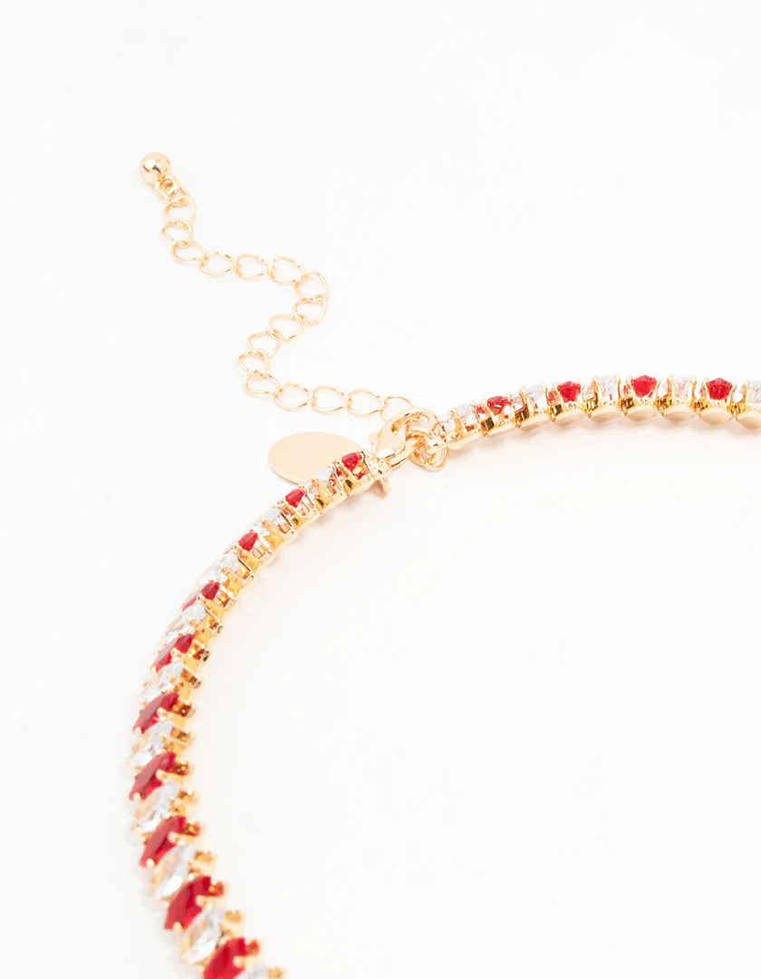 Cubic Zirconia Navette Station Choker Gold Necklace - Image 3