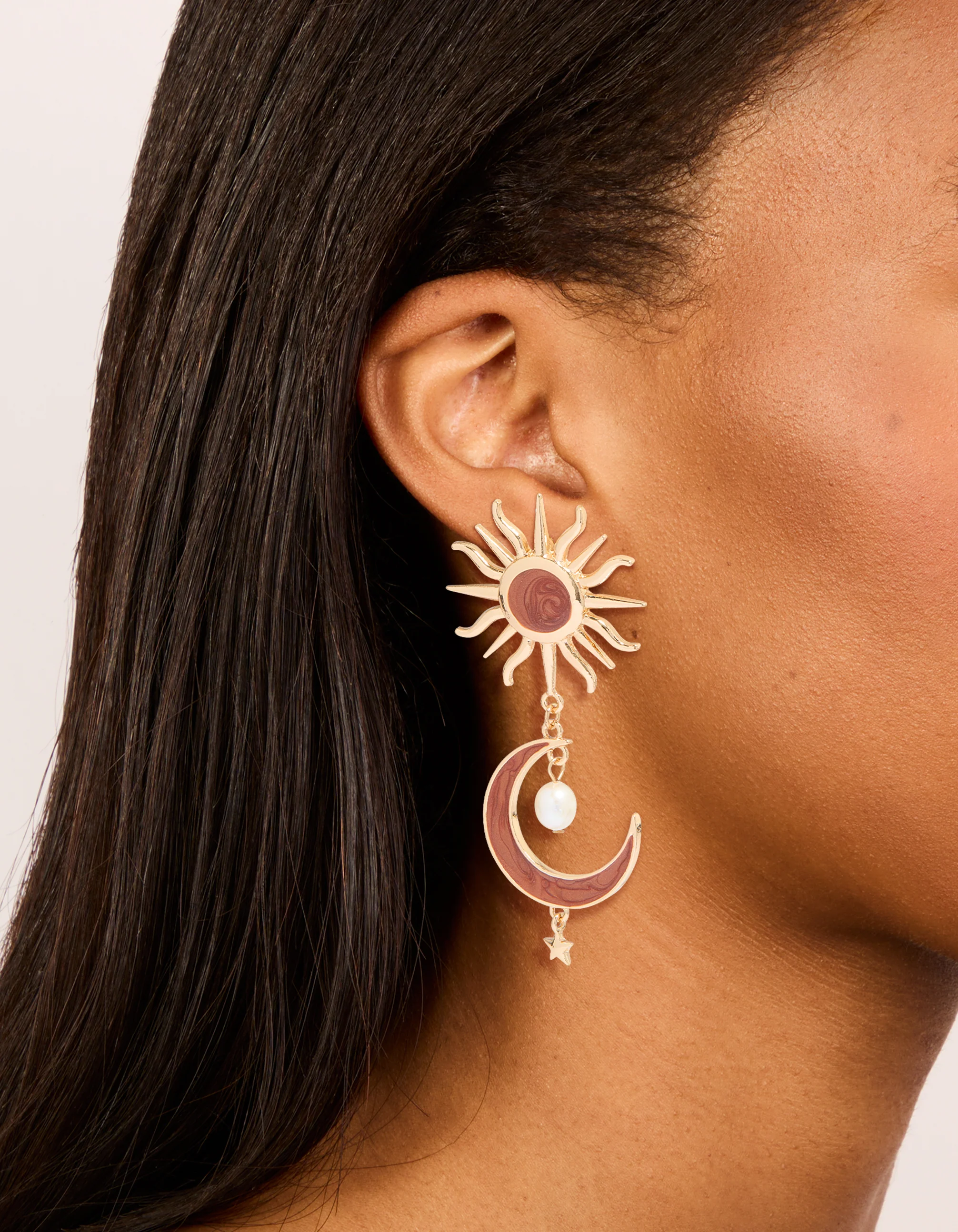 Gold Celestial Brown Marble Drop Earrings - Image 2
