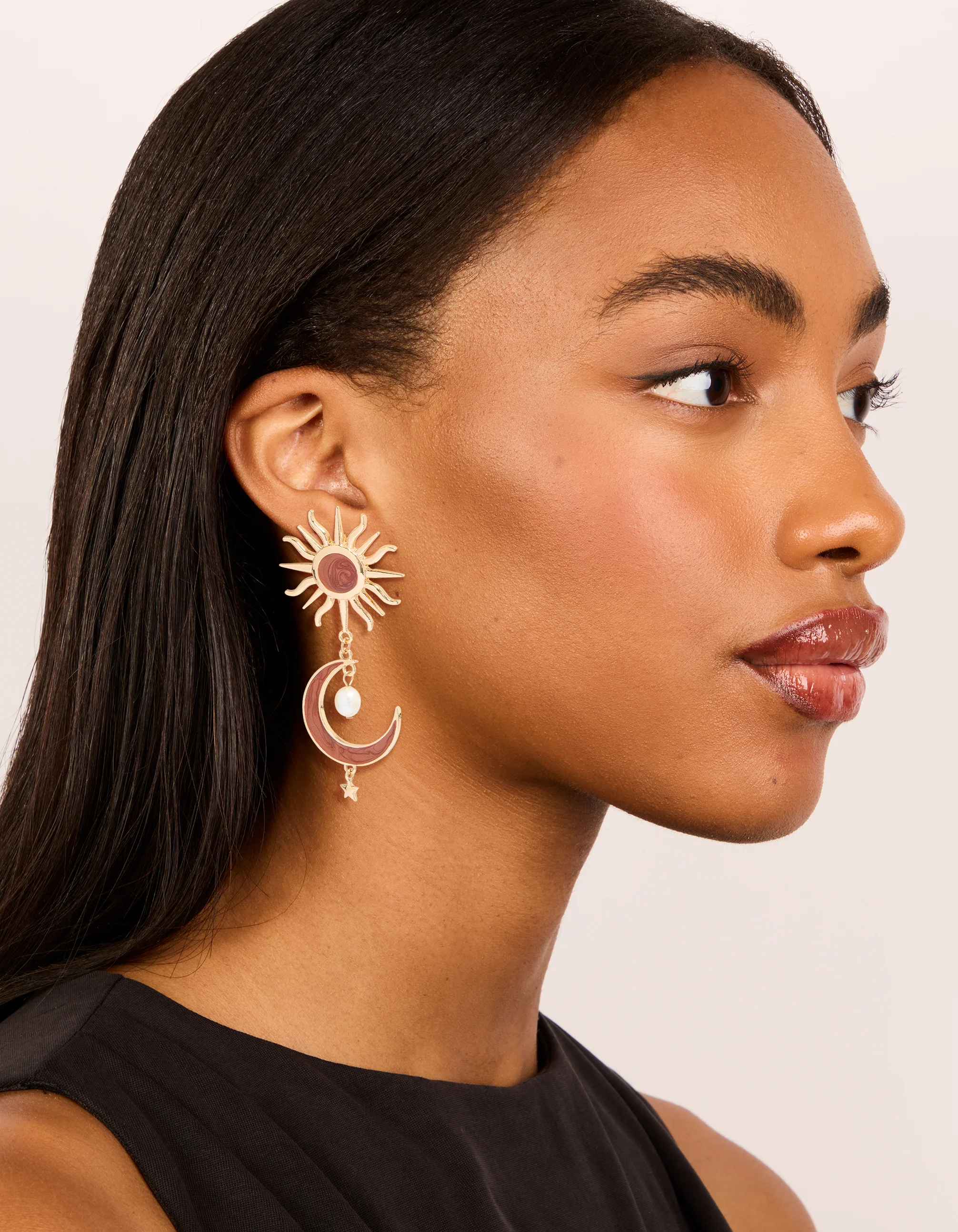 Gold Celestial Brown Marble Drop Earrings - Image 3