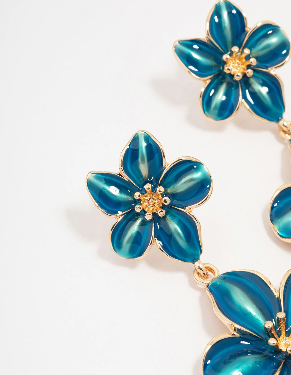 Gold Double Blue Flower Drop Earrings - Image 2