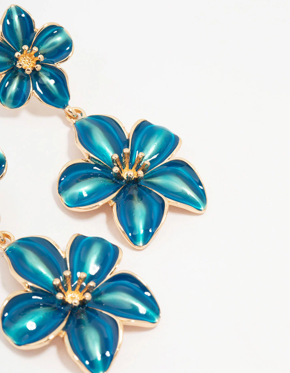 Gold Double Blue Flower Drop Earrings - Image 3