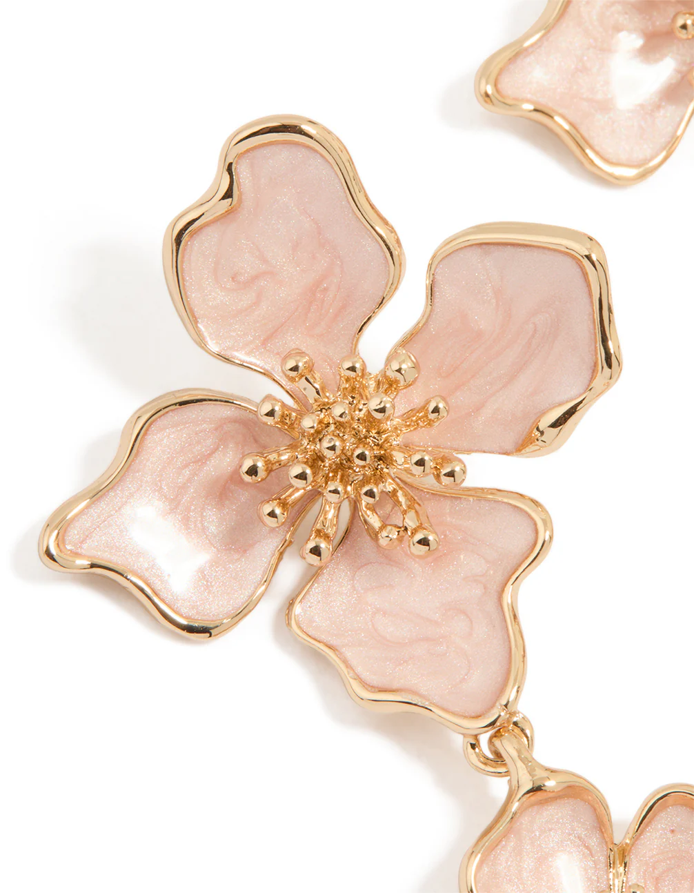 Gold Enamel Double Flower Drop Earrings - Image 2