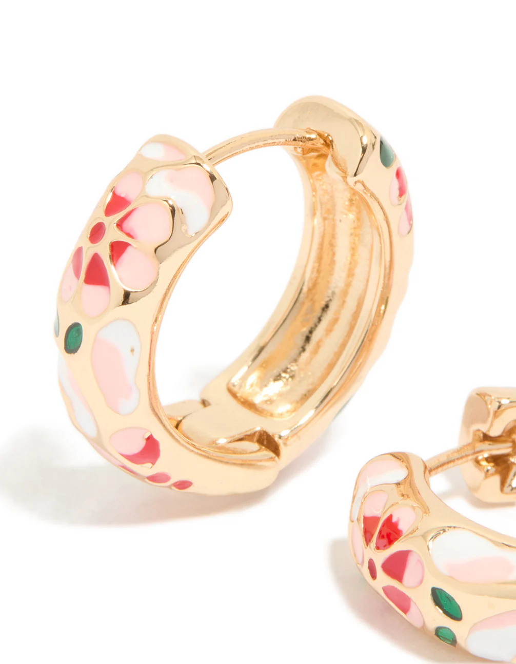 Gold Enamel Floral Thick Huggie Earrings - Image 4