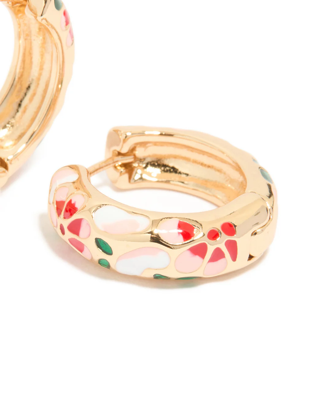 Gold Enamel Floral Thick Huggie Earrings - Image 5