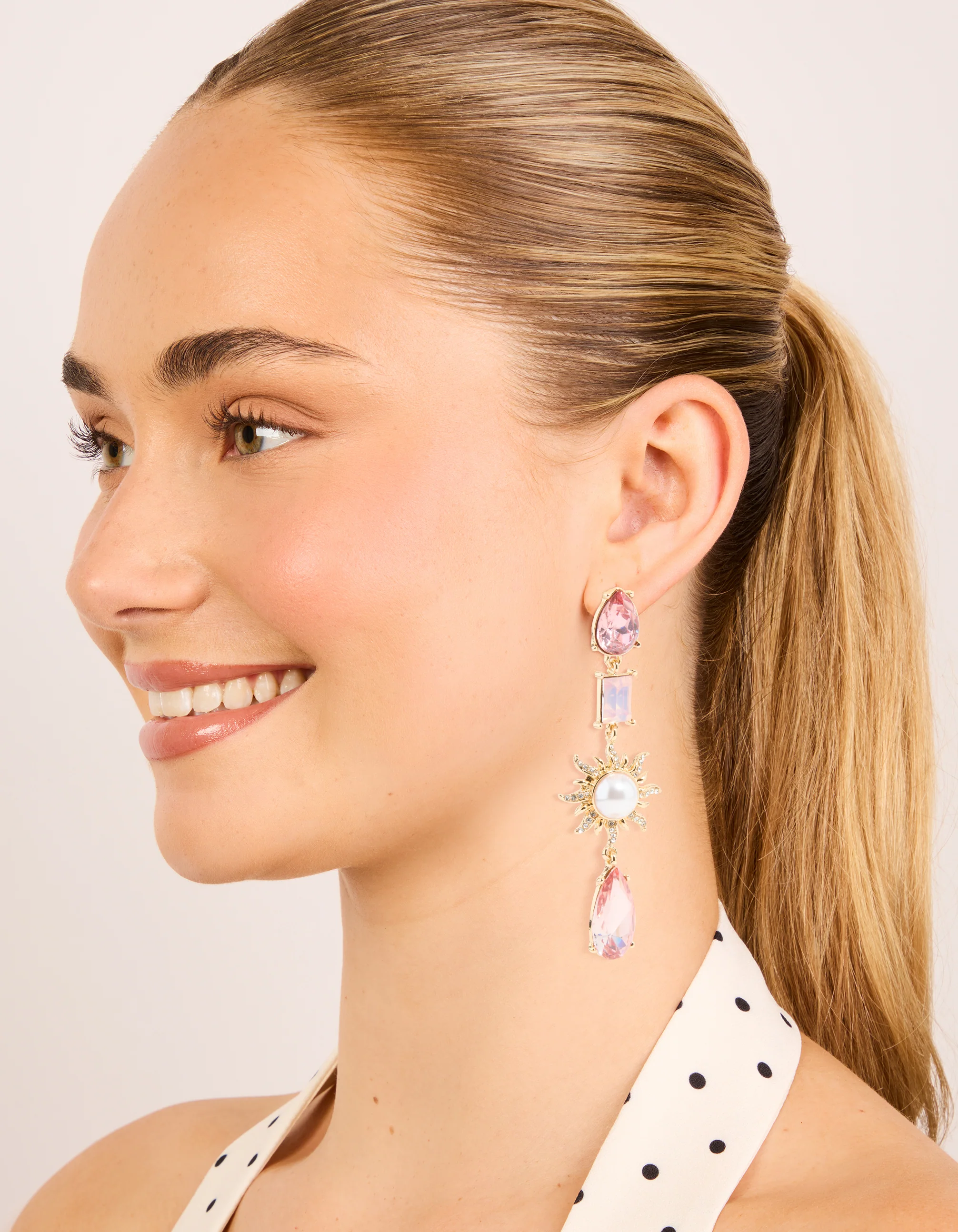 Gold Pink Diamante & Pearl Sun Drop Earrings - Image 3