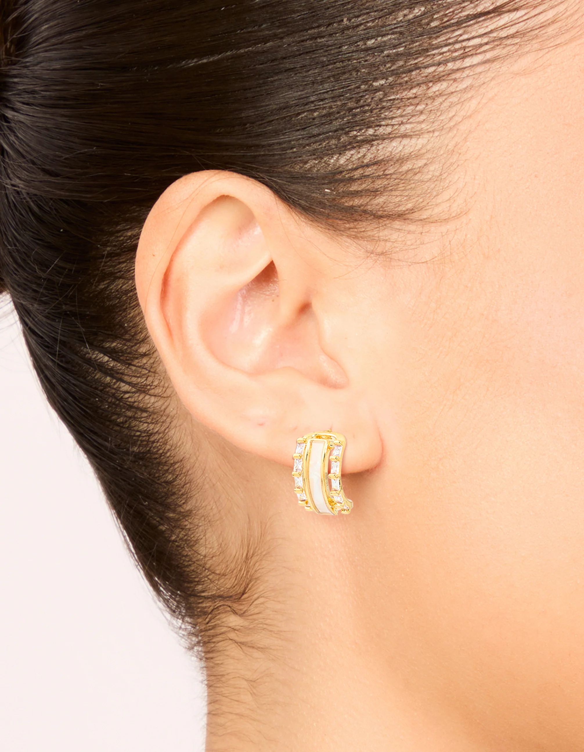 Gold Plated Cubic Zirconia Baguette Inlay Hoop Earrings - Image 2