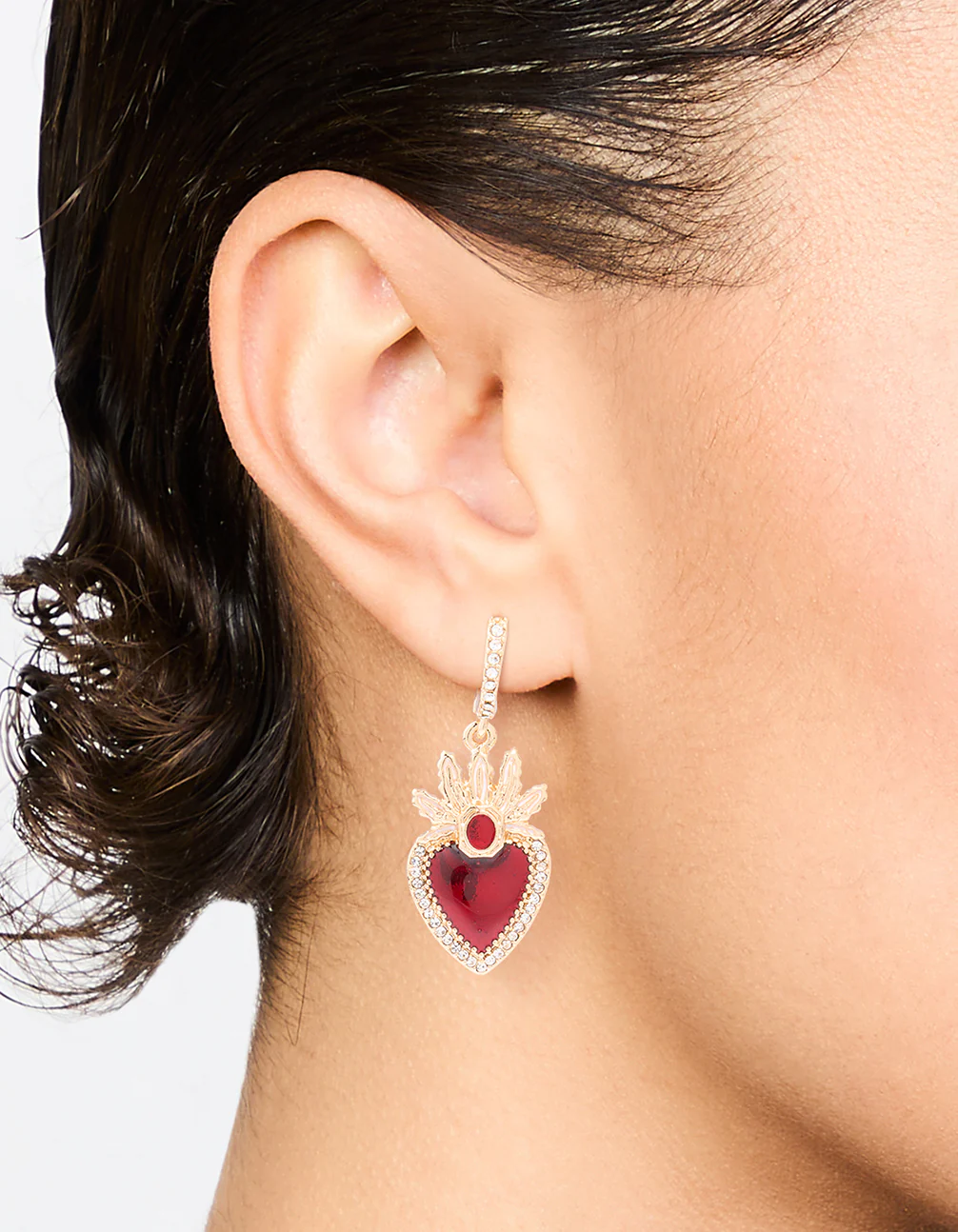 Gold Red Enamel Flaming Heart Huggie Earrings - Image 2