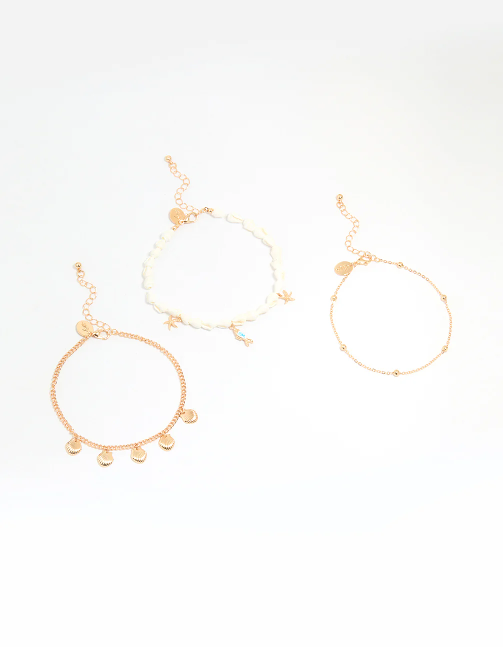 Gold Shell & Fish Charm Anklets 3-Pack