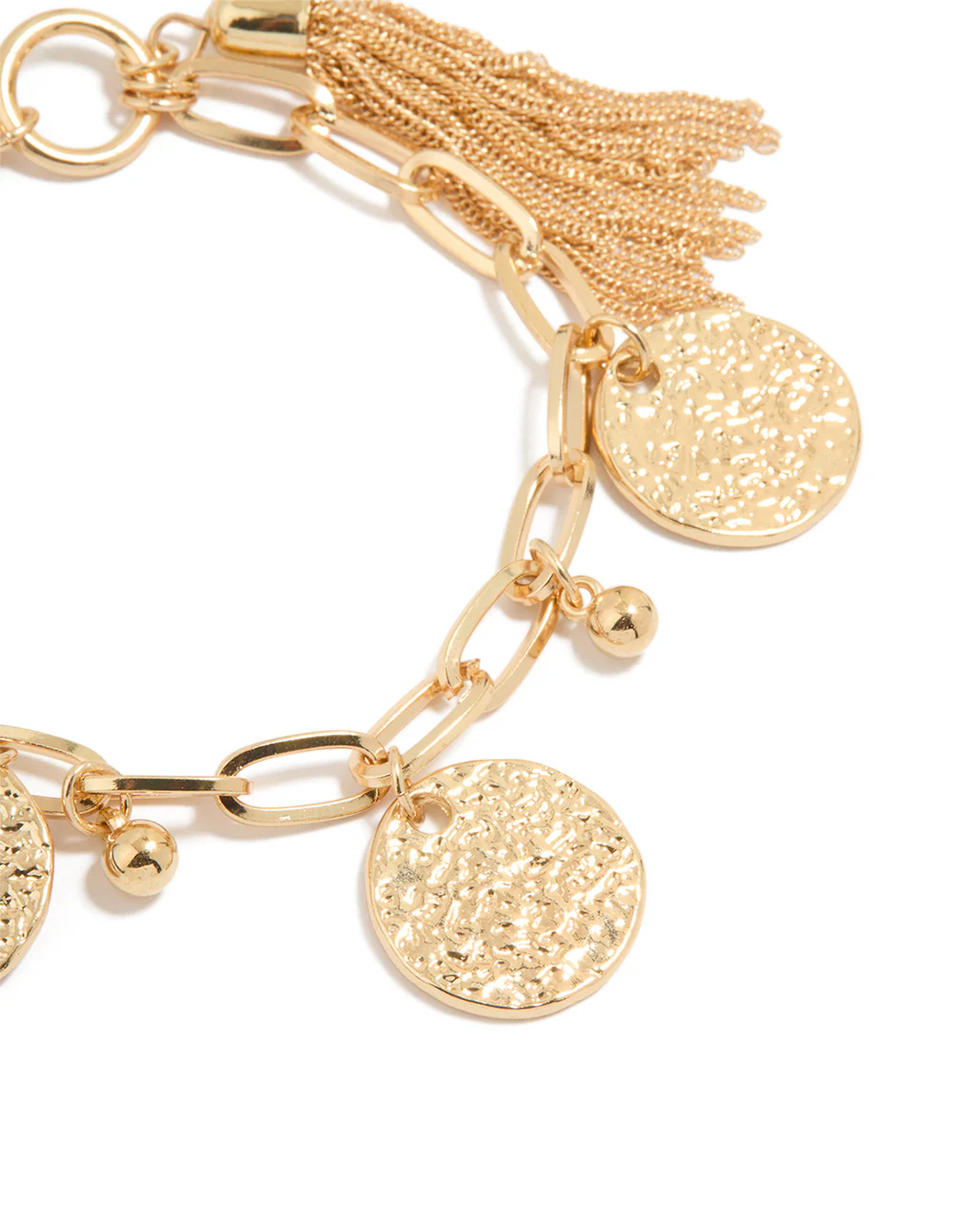 Gold Tassel & Textured Coin Charm Bracelet - Image 2