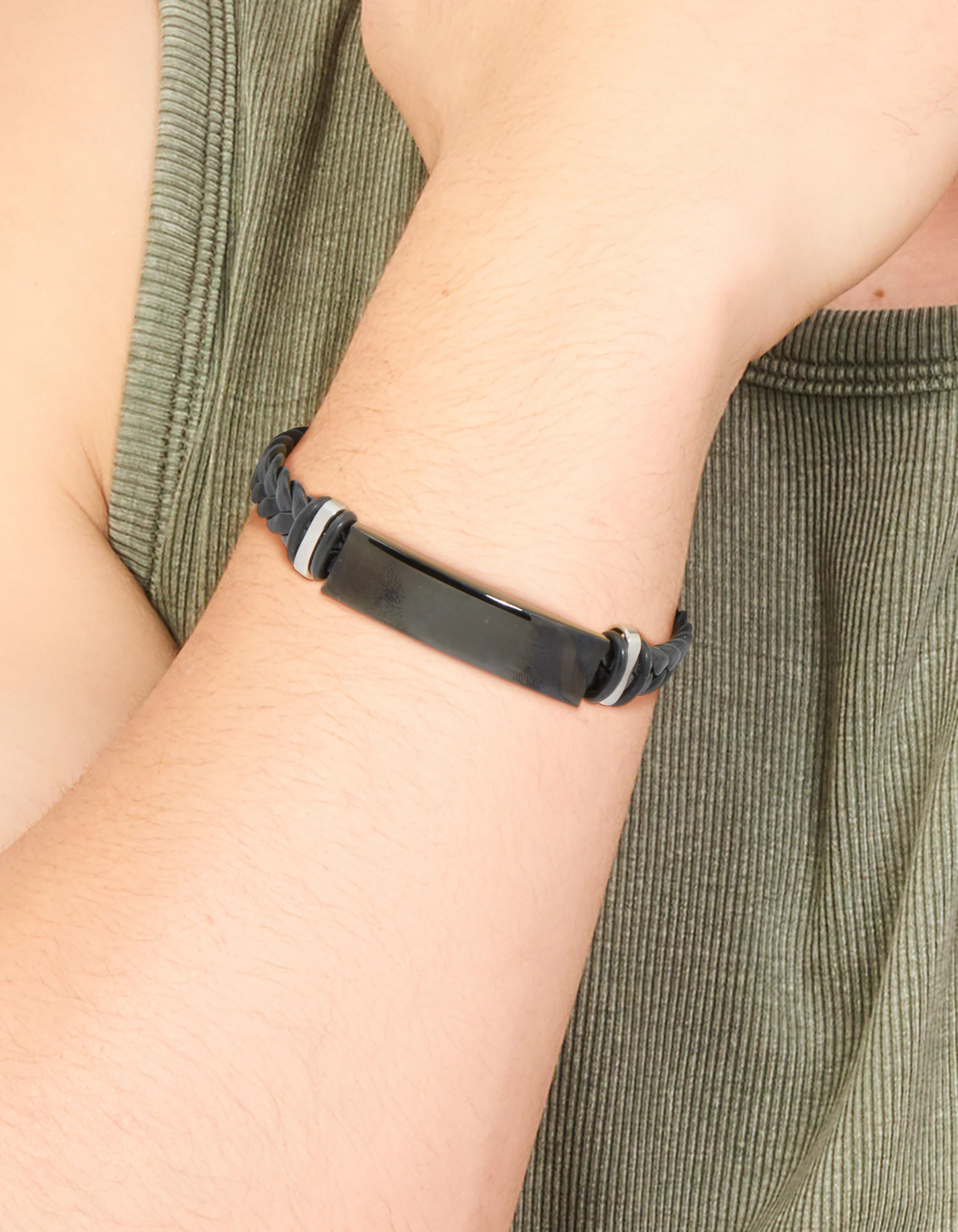 Mens Waterproof Stainless Steel Black Braided Band Bracelet - Image 2