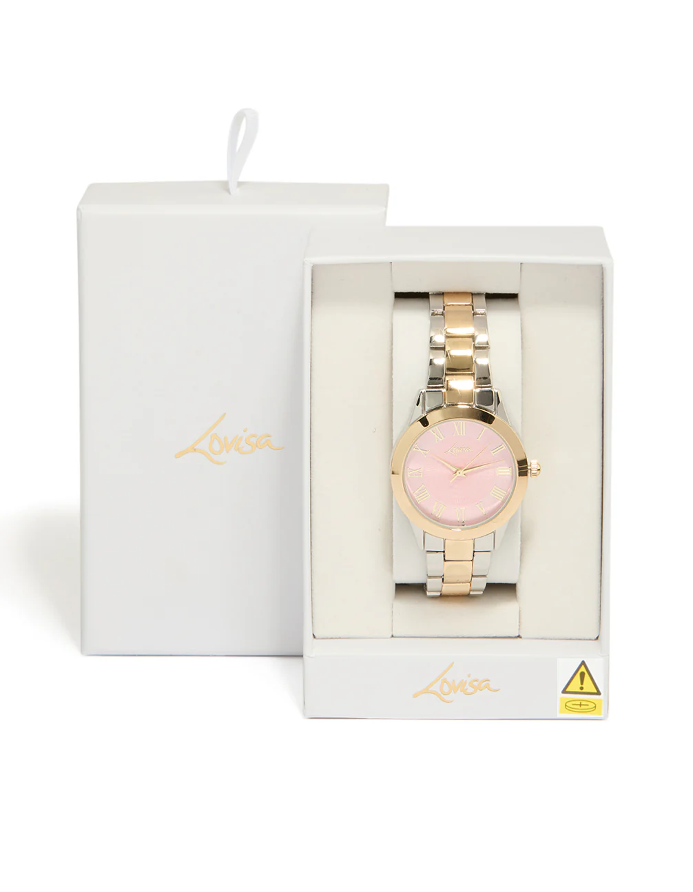 Mixed Metal Pink Face Roman Numeral Watch - Image 3