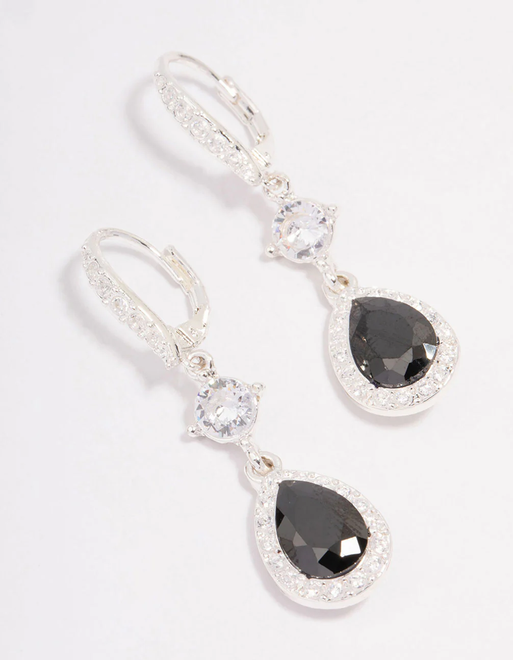 Silver Cubic Zirconia Black Pear Huggie Hoop Earrings