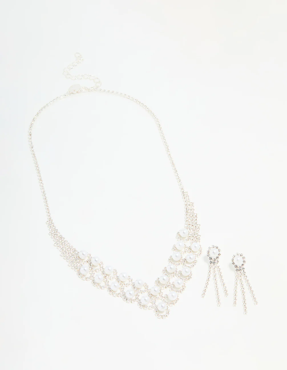 Silver Pearl Diamante Halo Vine Necklace & Earrings Set - Image 2
