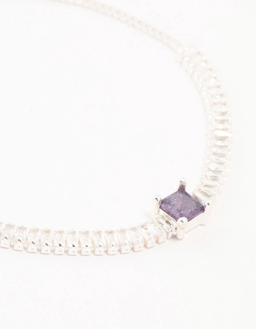 Silver Purple Baguette Cubic Zirconia Tennis Bracelet - Image 2