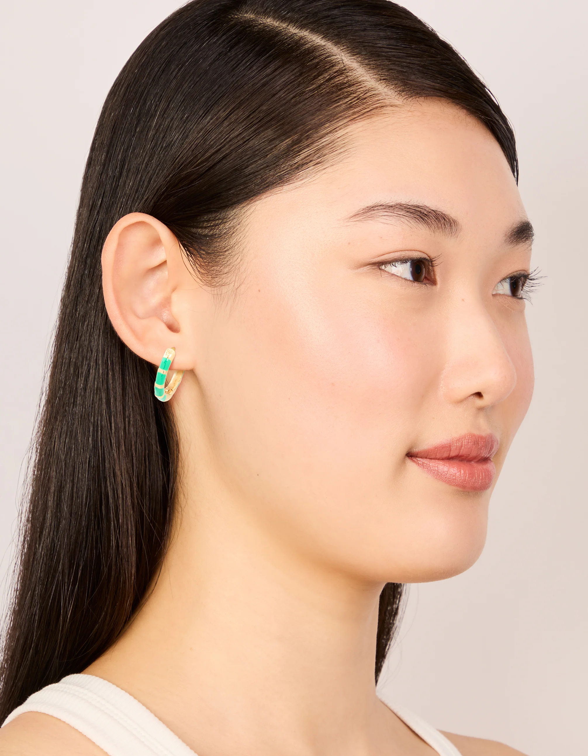 Waterproof Gold Plated Stainless Steel Bamboo Green Enamel Huggie Earrings - Image 3