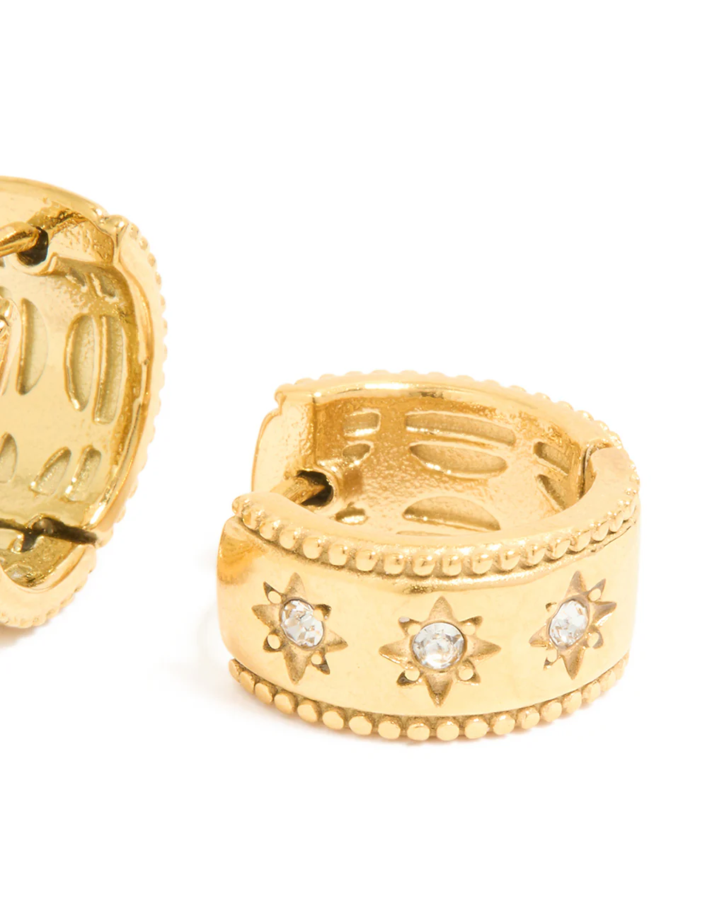 Waterproof Gold Plated Stainless Steel Cubic Zirconia Celestial Etched Hoop Earrings - Image 5