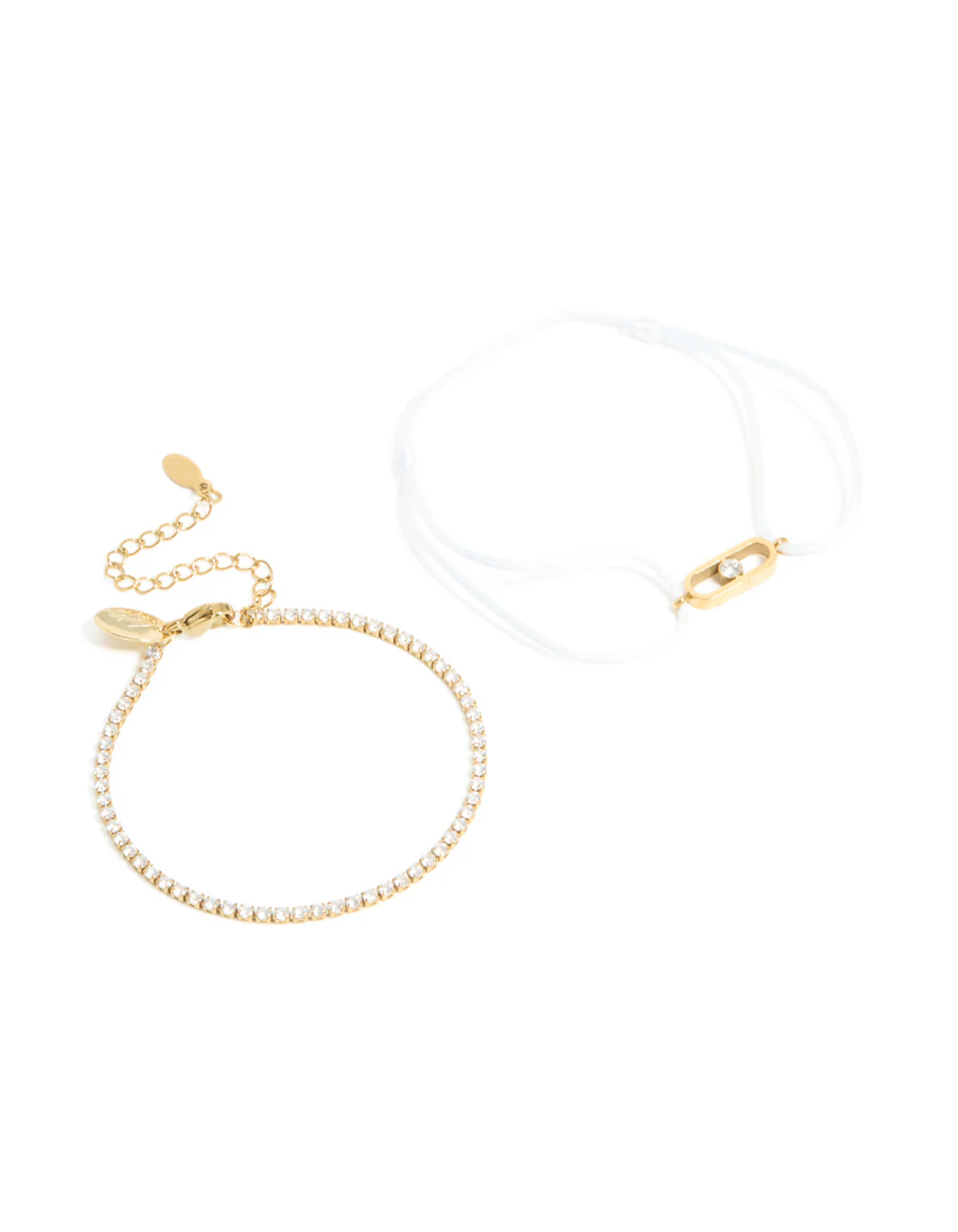 Waterproof Gold Plated Stainless Steel Cubic Zirconia Tennis & White Cord Bracelet Set - Image 2