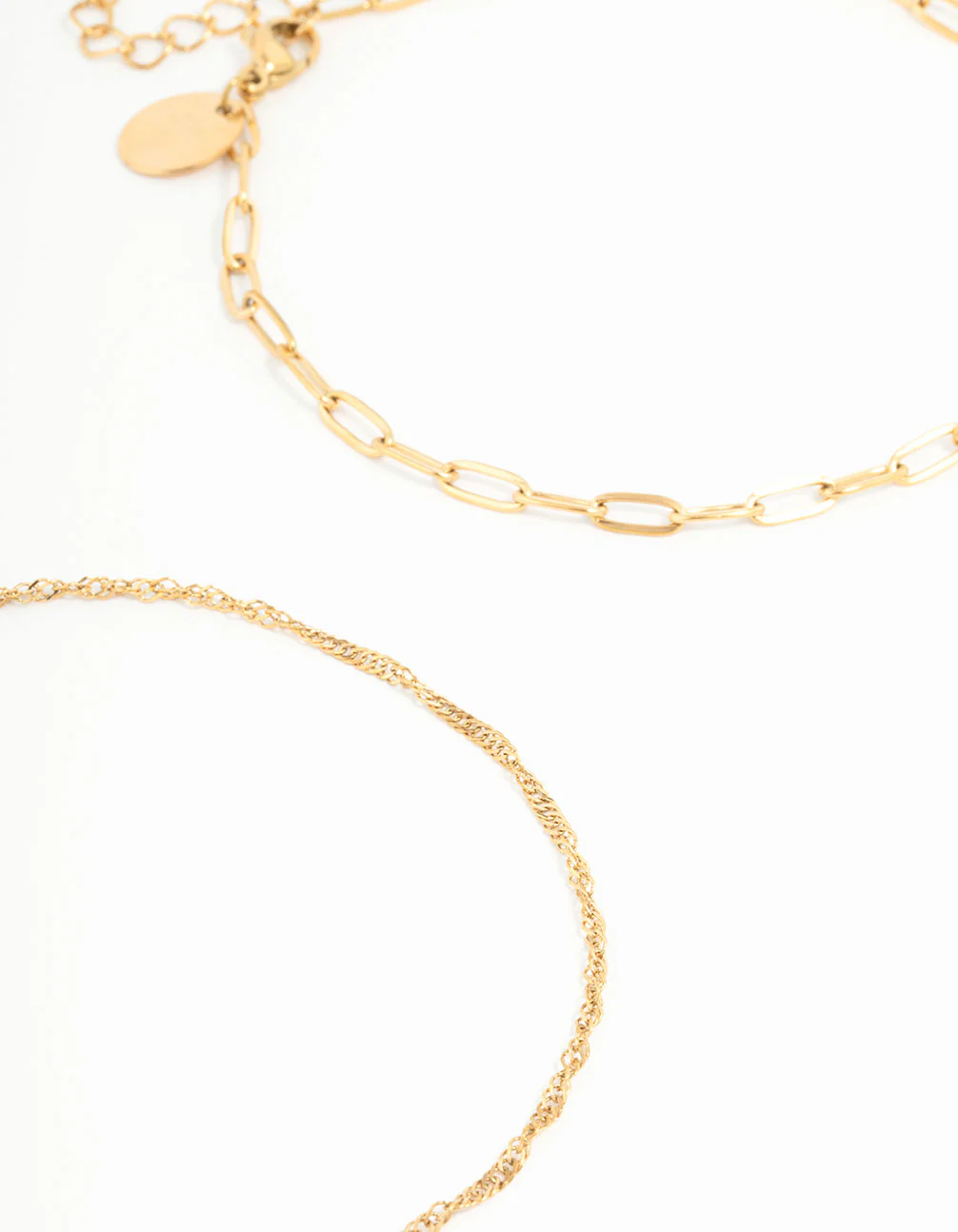 Waterproof Gold Plated Stainless Steel Mixed Chain Anklets 2-Pack - Image 2