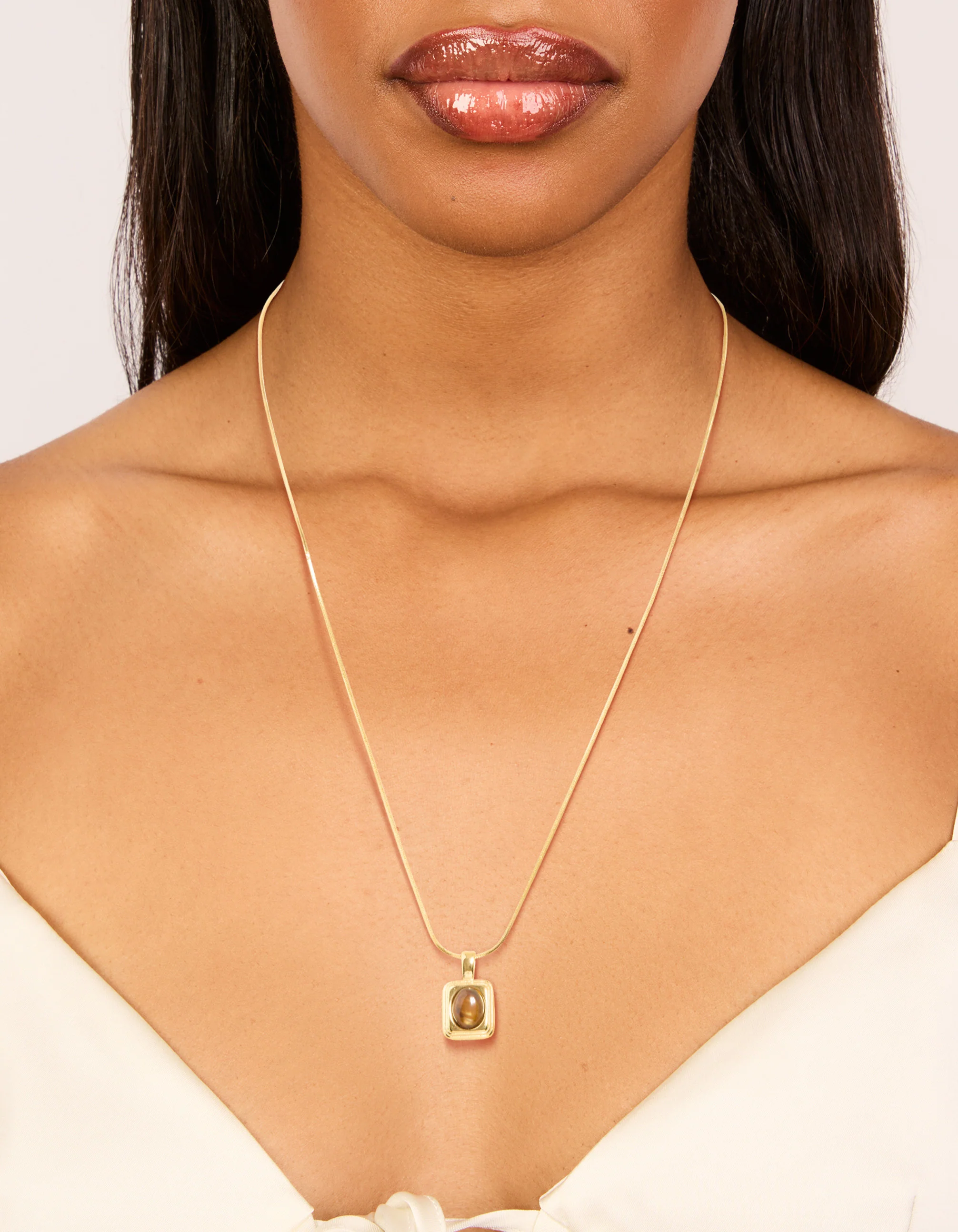 Waterproof Gold Plated Stainless Steel Tigers Eye Semi Precious Stone Disc Necklace - Image 2