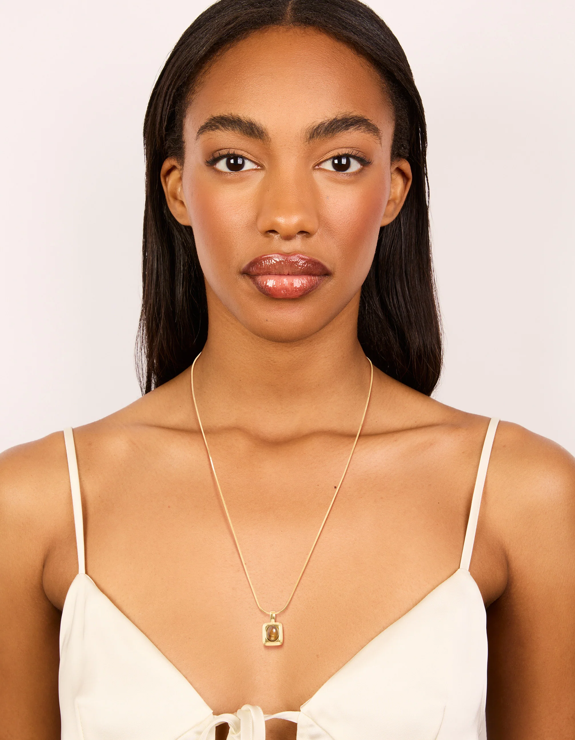 Waterproof Gold Plated Stainless Steel Tigers Eye Semi Precious Stone Disc Necklace - Image 3