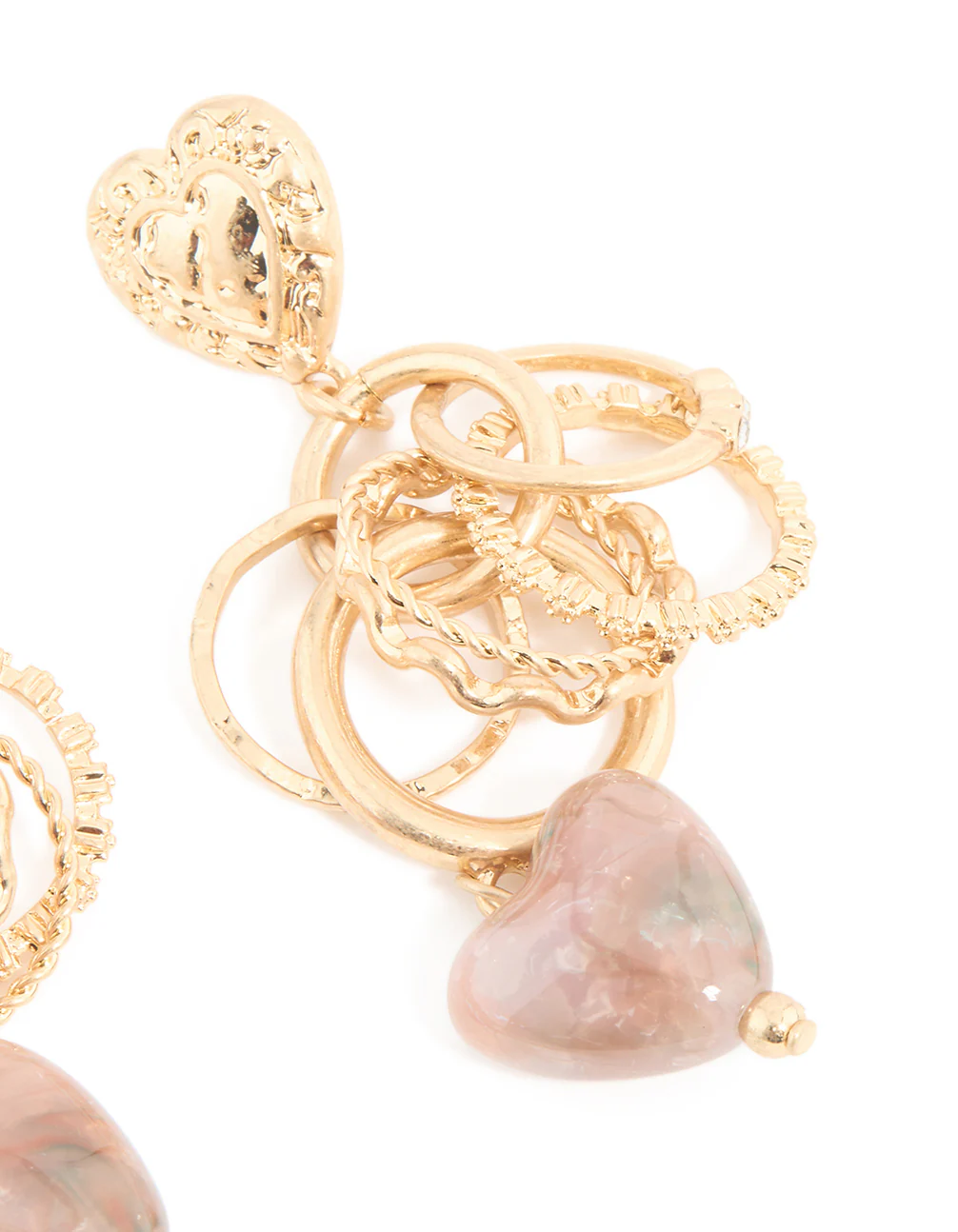Worn Gold Heart & Ring Textured Drop Earrings - Image 5