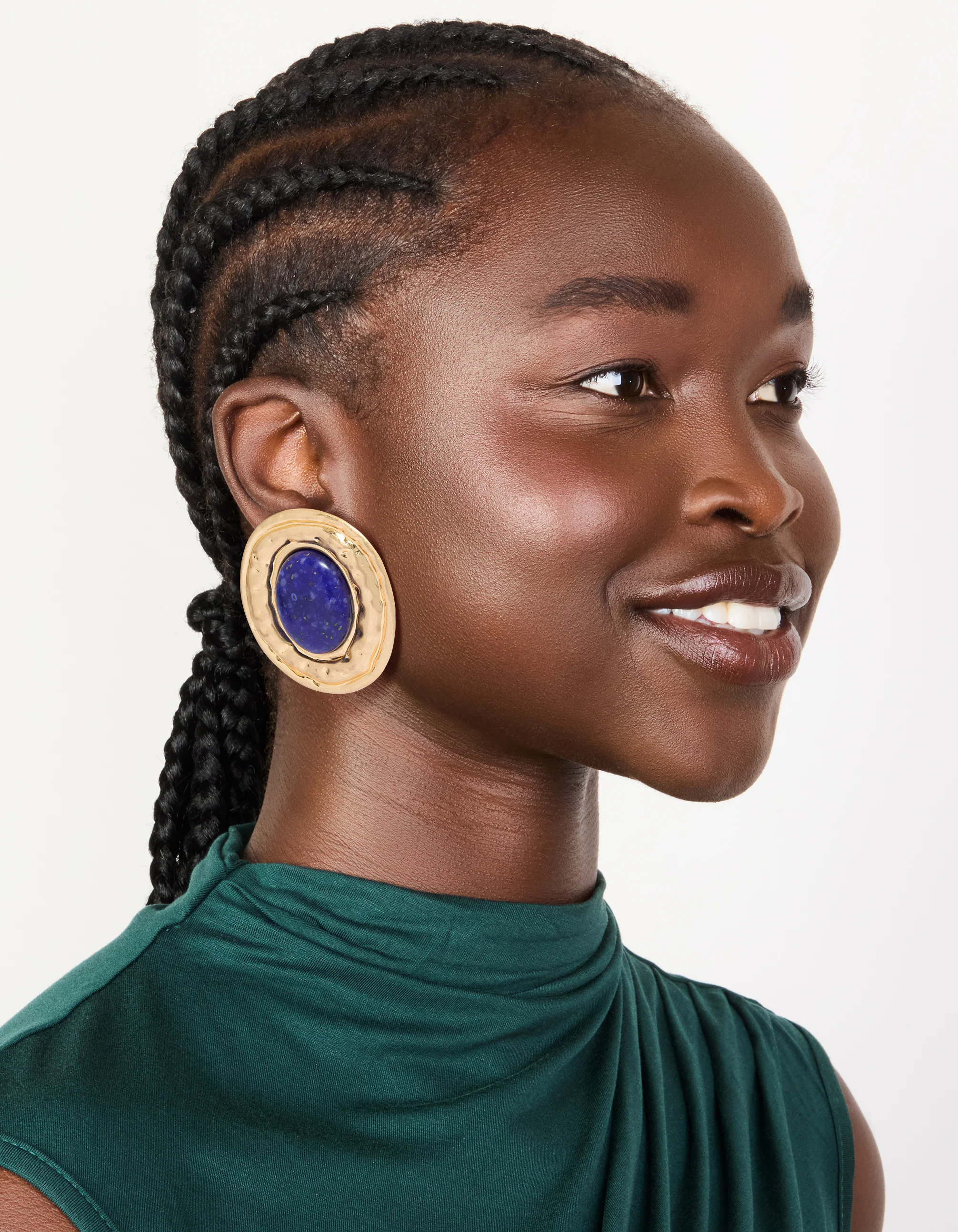 Worn Gold Round Hammered Dark Blue Acrylic Stud Earrings - Image 3